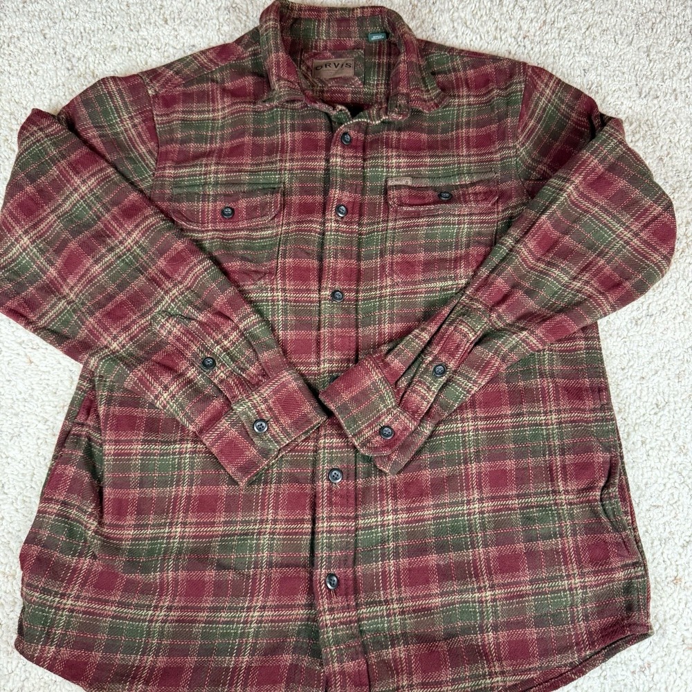 Orvis Red Green Plaid Button Up Flannel Shirt W/ Pockets Men's Large - Picture 3 of 9
